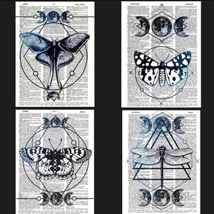 Moon Moth Sacred Geometry Spiritual Book Page Art Print Bundle Dragonfly